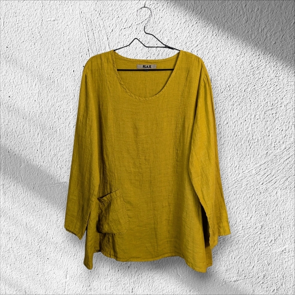 FLAX Linen Yellow Mustard Oversized Tunic Top Blouse Long Sleeve Lagenlook L - Picture 1 of 9